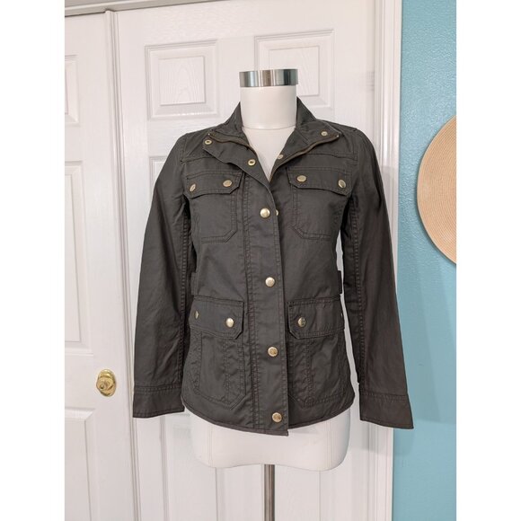 J. Crew Waxed Cotton Field Jacket Womens Size PXS Full Zip Snap Green Military - Picture 2 of 11